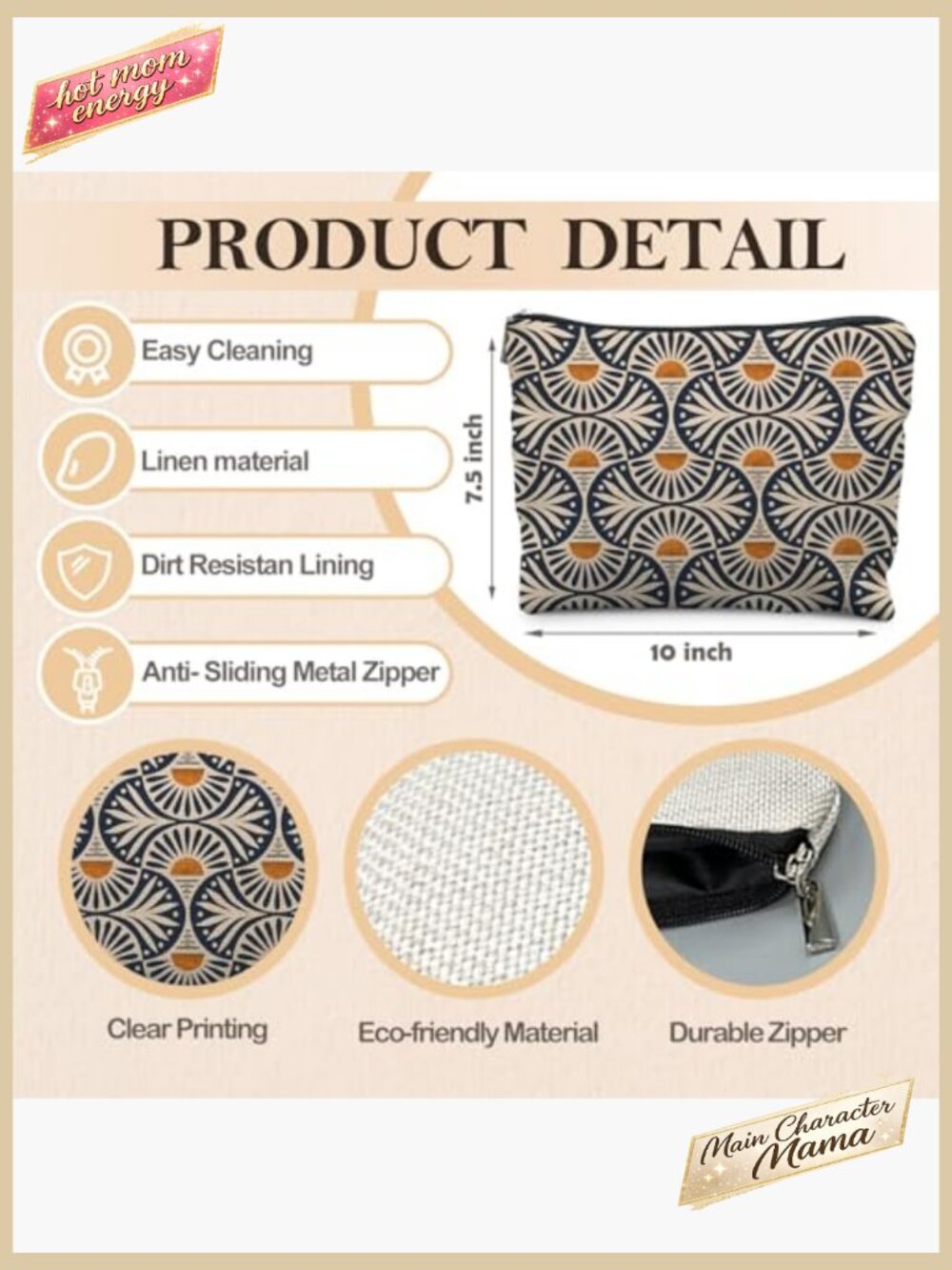 Boho Linen Makeup Bag Waterproof Cosmetic Pouch Sunset Leaf Aesthetic - Picture 3 of 6
